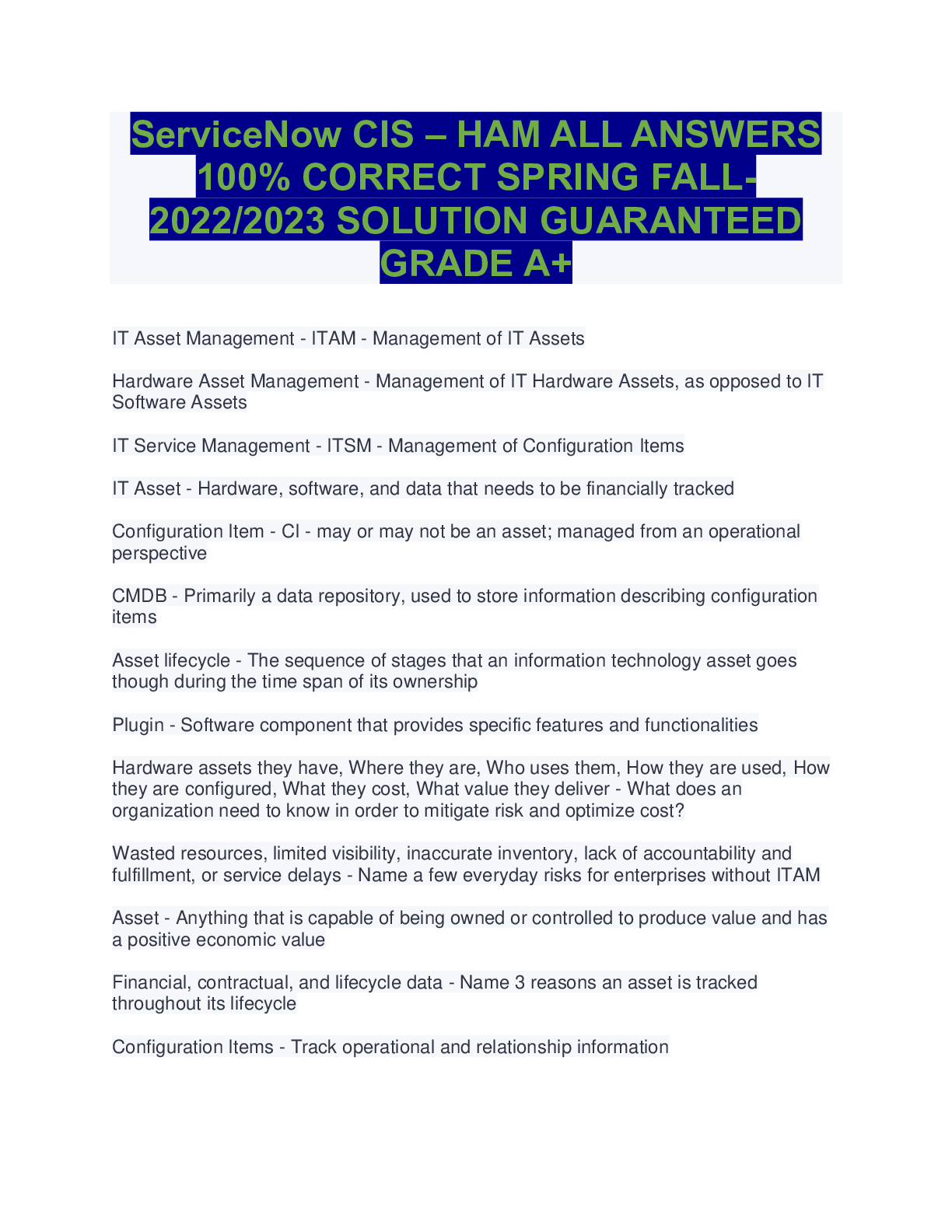 Preview image for ServiceNow CIS – HAM ALL ANSWERS 100% CORRECT SPRING FALL-2022/2023 SOLUTION GUARANTEED GRADE A+
